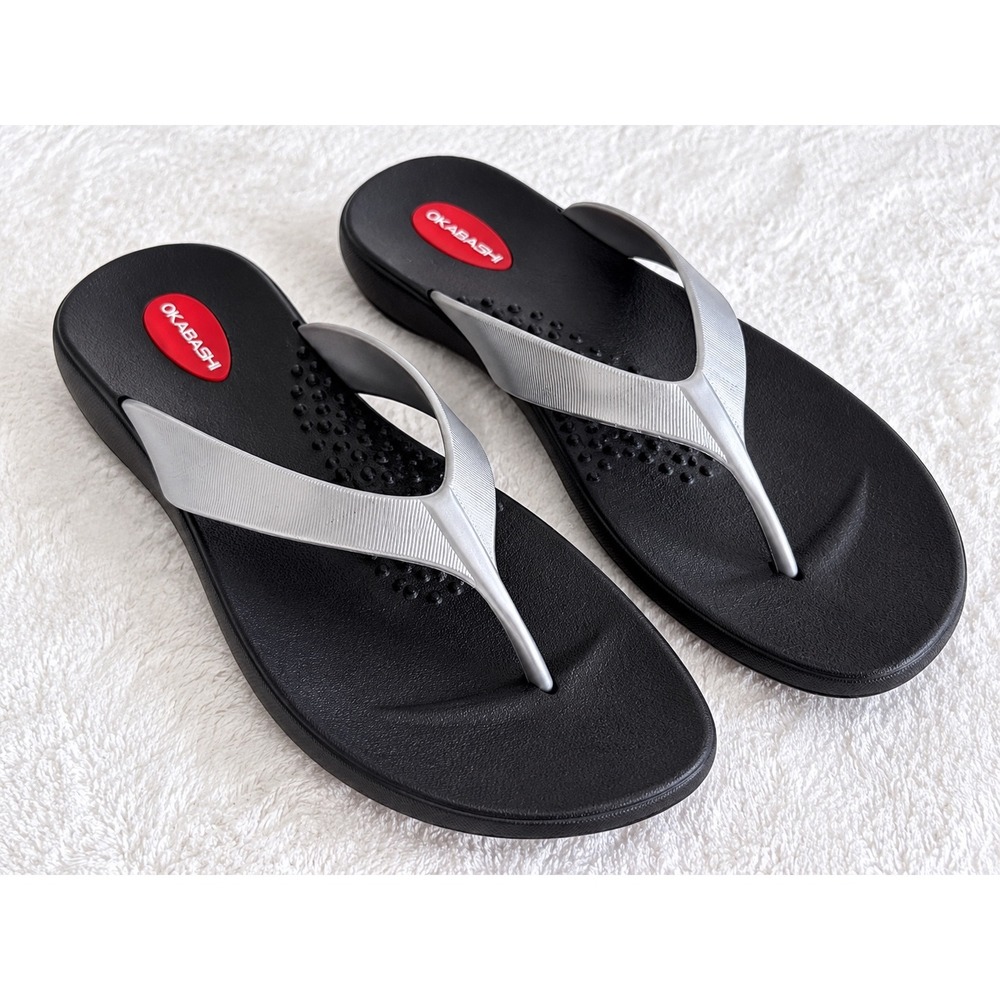 Okabashi Women's Flip Flop Sandals Size S 5-6 Black Silver Arch Support Made USA